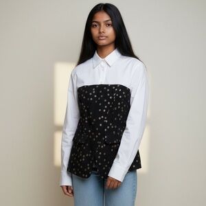 NY & Co Colorblock Polka Dot Button Shirt Blouse
